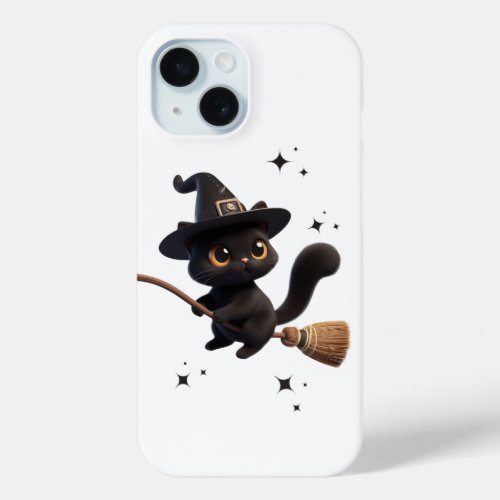 Halloween Black Witch Cats Riding Broomstick Stars iPhone 15 Case