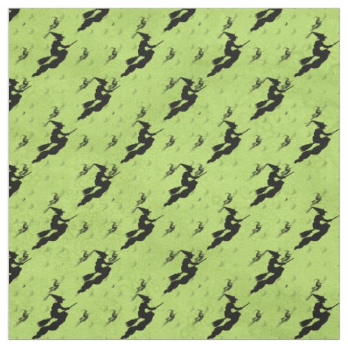 Halloween Black Witch Silhouette Pattern Green Fabric