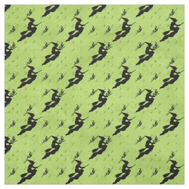 Halloween Black Witch Silhouette Pattern Green Fabric (Swatch)