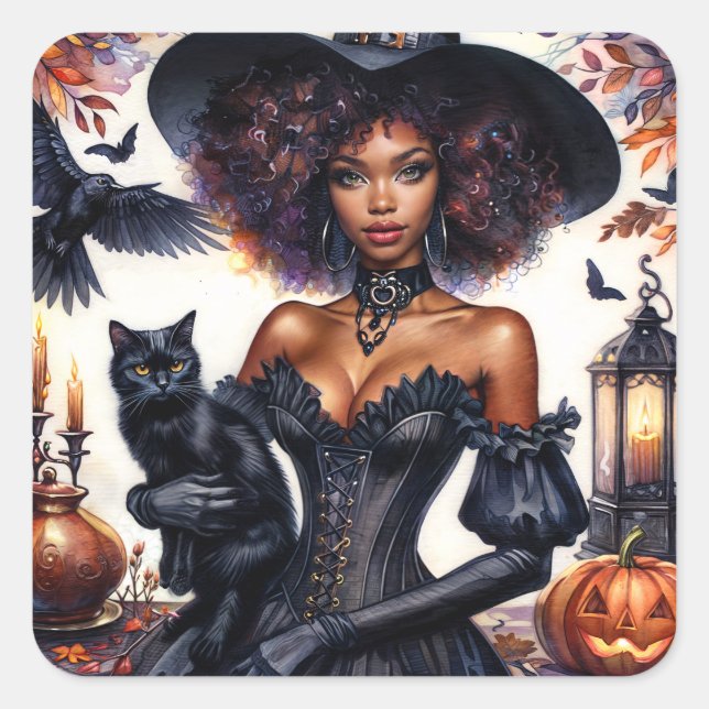 Halloween Black Witch With Cat Autumn Square Sticker (Front)