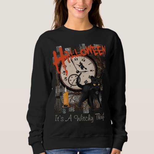 HALLOWEEN BLACK WITCHES CAT WOMENS SWEATSHIRT