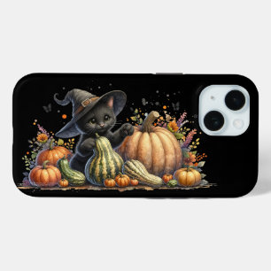 Halloween Black Witch's Kitten W/ Pumpkins Gourds iPhone 15 Case