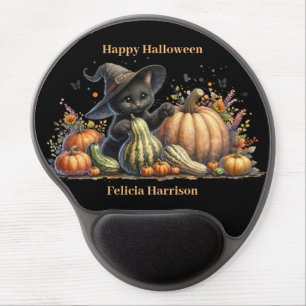 Halloween Black Witch's Kitten W/ Pumpkins Gourds Gel Mouse Pad