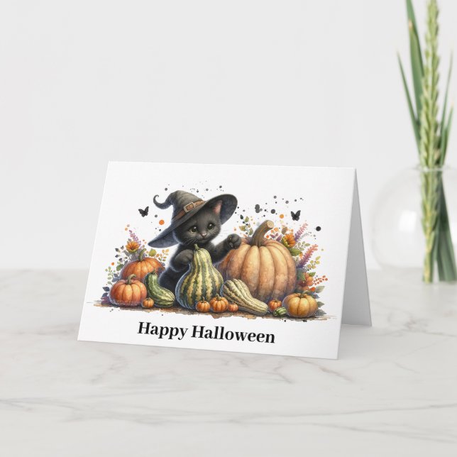 Halloween Black Witch's Kitten W/ Pumpkins Gourds Holiday Card (Front)