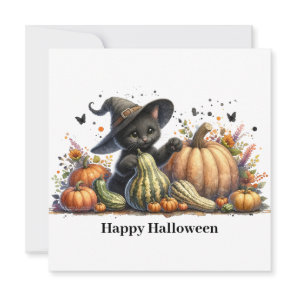 Halloween Black Witch's Kitten W/ Pumpkins Gourds Holiday Card