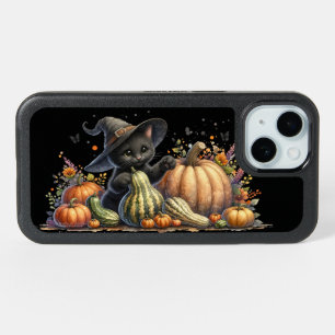 Halloween Black Witch's Kitten W/ Pumpkins Gourds iPhone 15 Case