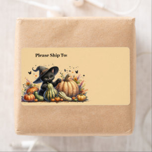 Halloween Black Witch's Kitten W/ Pumpkins Gourds Label