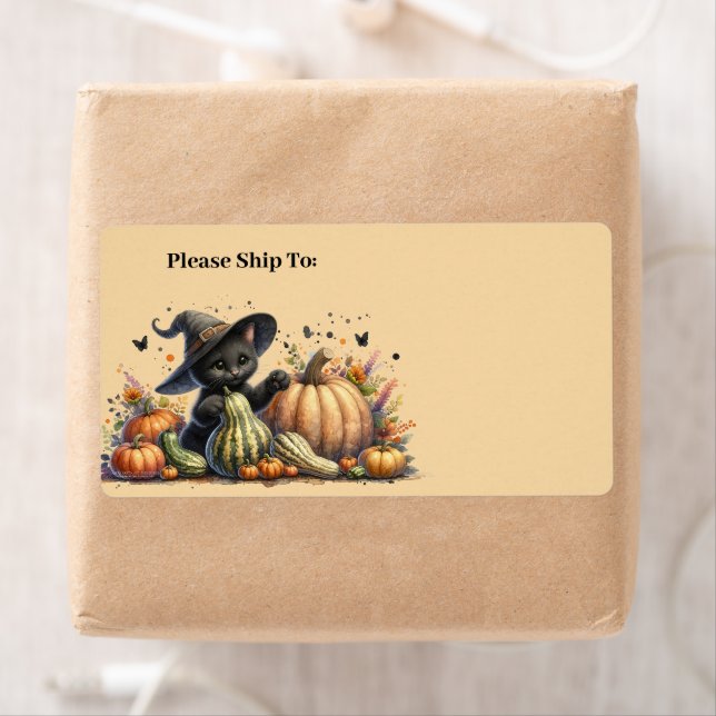 Halloween Black Witch's Kitten W/ Pumpkins Gourds Label (Insitu)