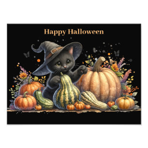 Halloween Black Witch's Kitten W/ Pumpkins Gourds Photo Print