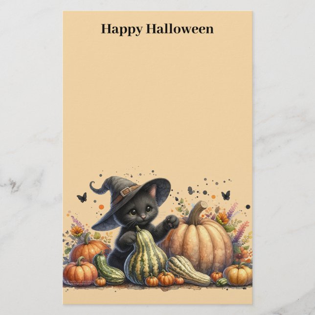 Halloween Black Witch's Kitten W/ Pumpkins Gourds Stationery (Front)