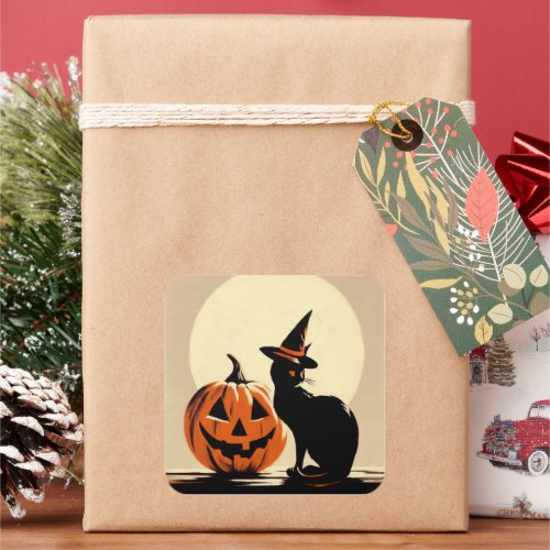 Halloween Black Witchy Cat and Pumpkin Sticker