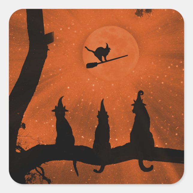 Halloween Black Witchy Cats and Moon Square Sticker (Front)
