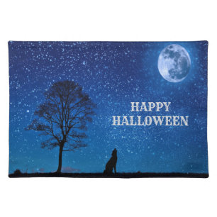 Halloween Black Wolf Tree Navy Blue Full Moon Cloth Placemat