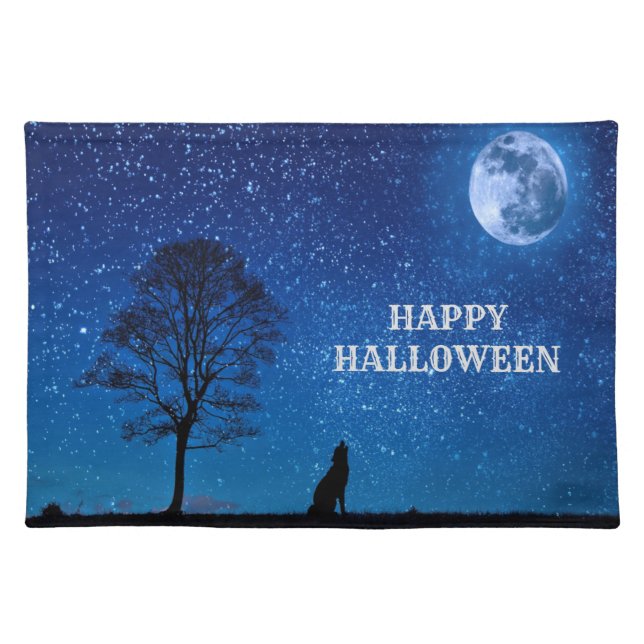 Halloween Black Wolf Tree Navy Blue Full Moon Cloth Placemat (Front)