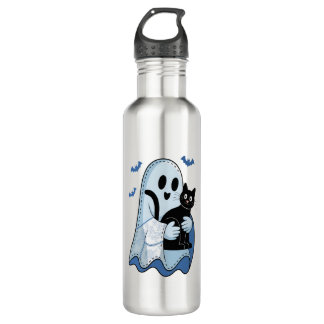 Halloween Blue Denim Ghost and Cat Stainless Steel Water Bottle