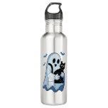 Halloween Blue Denim Ghost and Cat Stainless Steel Water Bottle