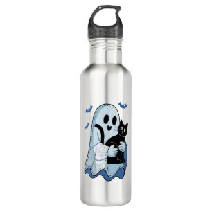 Halloween Blue Denim Ghost and Cat Stainless Steel Water Bottle