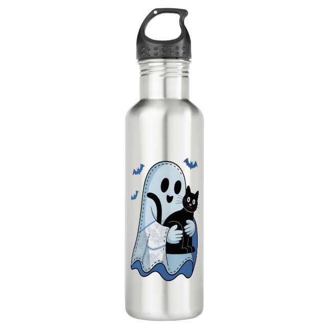 Halloween Blue Denim Ghost and Cat Stainless Steel Water Bottle (Front)