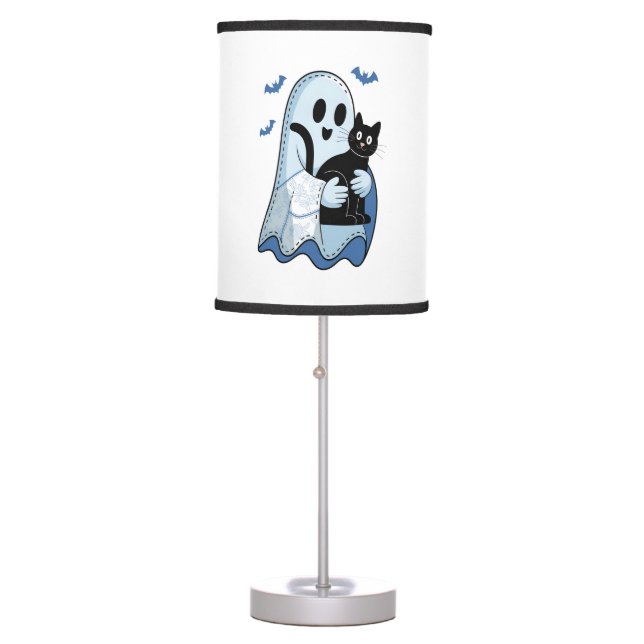 Halloween Blue Denim Ghost and Cat Table Lamp (Front)