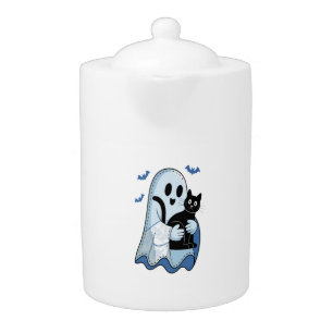 Halloween Blue Denim Ghost and Cat Teapot
