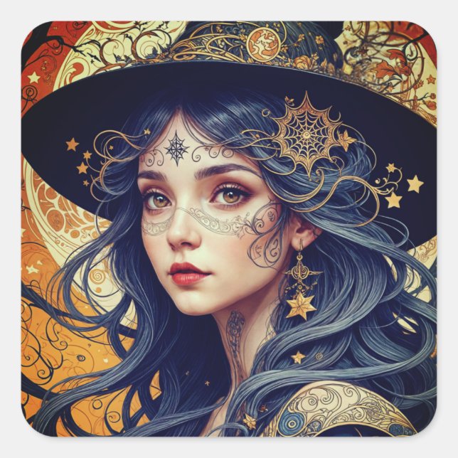 Halloween Blue-haired Tattooed Witch Square Sticker (Front)