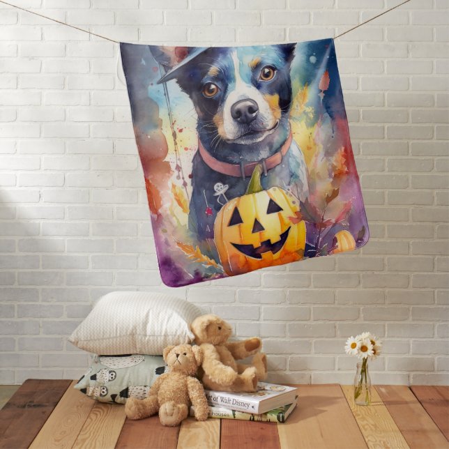 Halloween Blue Heeler With Pumpkins Scary Baby Blanket (In Situ)