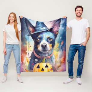 Halloween Blue Heeler With Pumpkins Scary Fleece Blanket