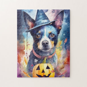 Halloween Blue Heeler With Pumpkins Scary Jigsaw Puzzle