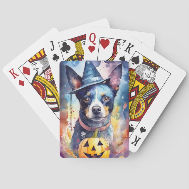 Halloween Blue Heeler With Pumpkins Scary Poker Cards (Back)