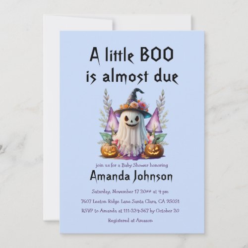 Halloween Blue Little Boo Ghost Boy Baby Shower  Invitation