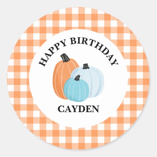 Halloween blue Pumpkins Orange Plaid Birthday Classic Round Sticker