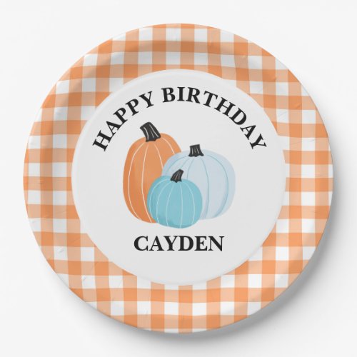 Halloween blue Pumpkins Orange Plaid Birthday Paper Plates