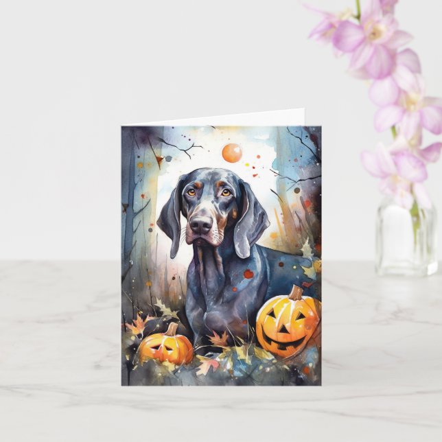 Halloween Bluetick Coonhound With Pumpkins Scary Card (Orchid)