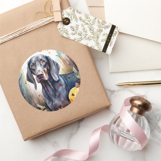 Halloween Bluetick Coonhound With Pumpkins Scary Classic Round Sticker (Gifting)