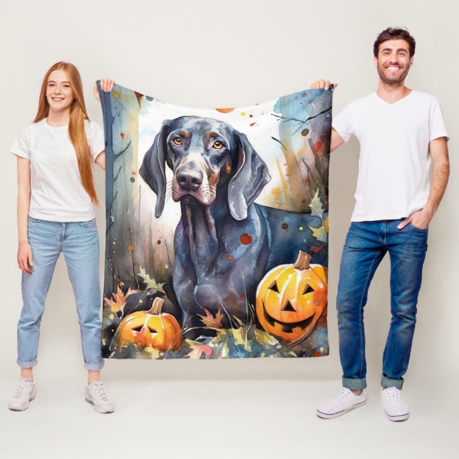 Halloween Bluetick Coonhound With Pumpkins Scary Fleece Blanket (In Situ)
