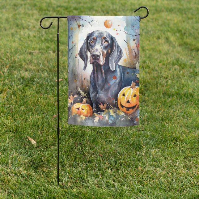 Halloween Bluetick Coonhound With Pumpkins Scary Garden Flag (In SItu)