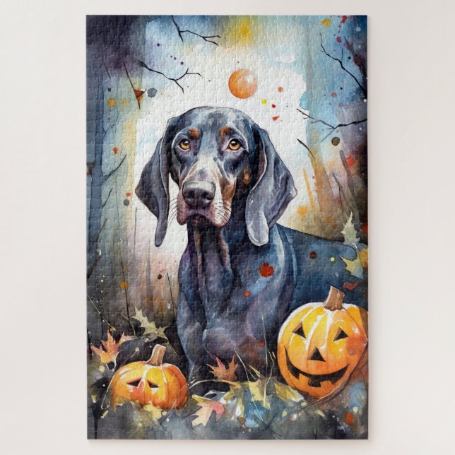 Halloween Bluetick Coonhound With Pumpkins Scary Jigsaw Puzzle (Vertical)
