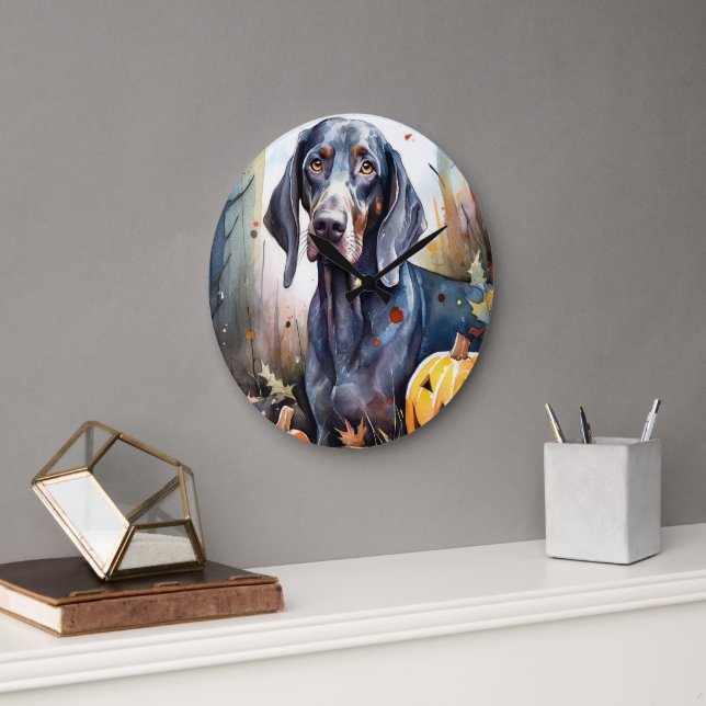 Halloween Bluetick Coonhound With Pumpkins Scary Large Clock (Office)