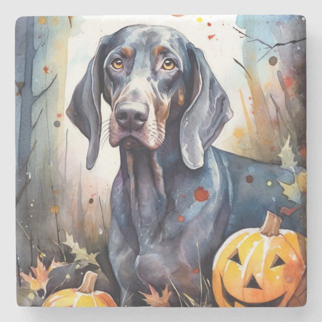 Halloween Bluetick Coonhound With Pumpkins Scary Stone Coaster (Front)