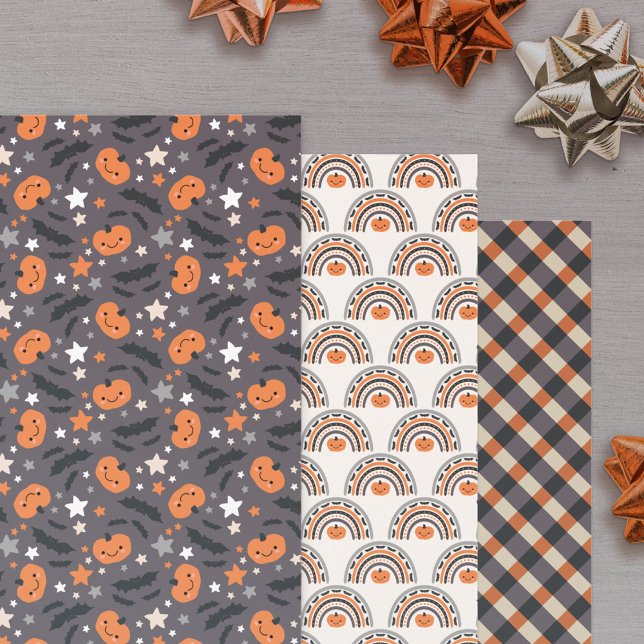 Halloween Boho Rainbow Pumpkins & Bats Patterns Wrapping Paper Sheets (Creator Uploaded)