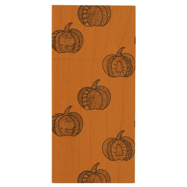 Halloween boho Zentangle ® inspired pumpkin Autumn Wood Flash Drive (Back (Vertical))