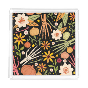 Halloween bones, floral seamless pattern. acrylic tray