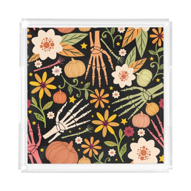 Halloween bones, floral seamless pattern. acrylic tray (Front)