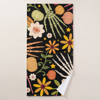 Halloween bones, floral seamless pattern. bath towel
