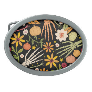 Halloween bones, floral seamless pattern. belt buckle