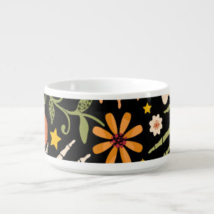 Halloween bones, floral seamless pattern. bowl