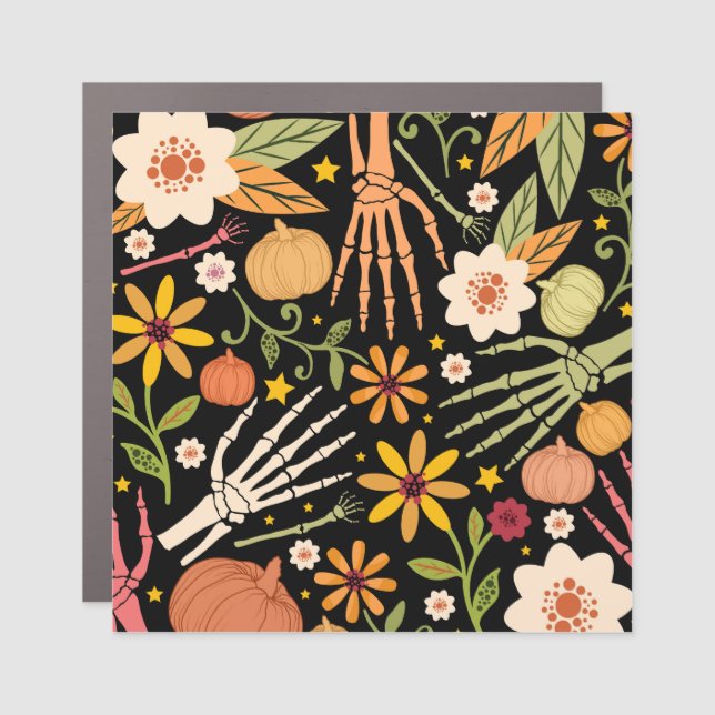 Halloween bones, floral seamless pattern. car magnet (Front)