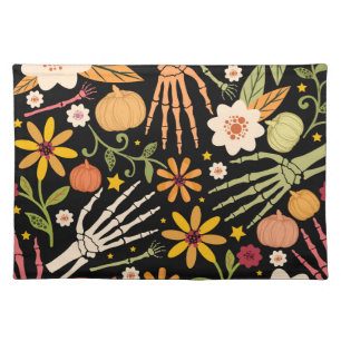 Halloween bones, floral seamless pattern. cloth placemat
