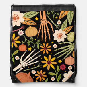 Halloween bones, floral seamless pattern. drawstring bag