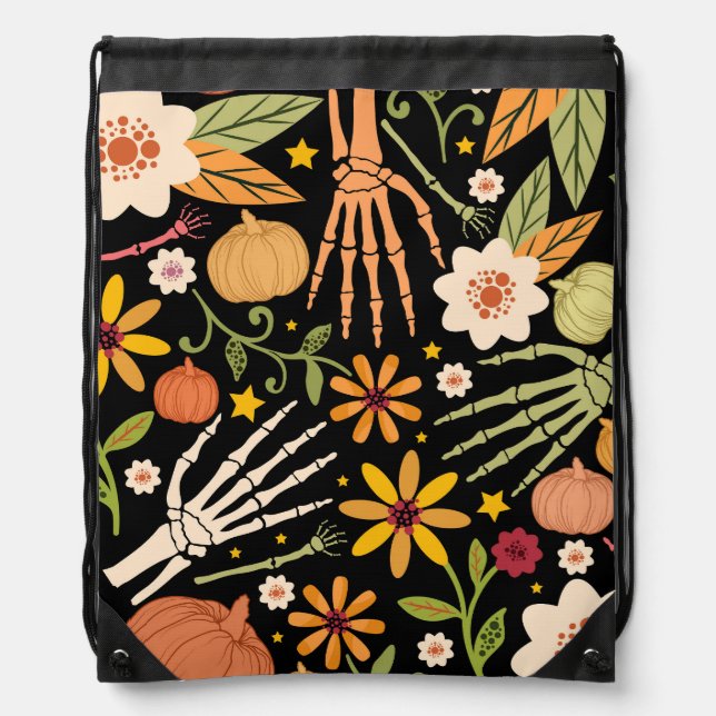 Halloween bones, floral seamless pattern. drawstring bag (Front)